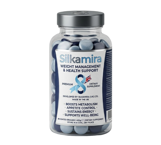 Silkamira food supplement jar with a chrome and navy label